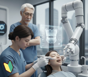 仙台市宮城野区の歯科医院でのインプラント治療イメージ。最新ナビゲーションシステム（ロボット）を操作する初心者マークの新人歯科医と、後方で見守る経験豊富な教授。