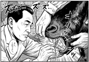 仙台市宮城野区の歯科医院ブログ用イラスト。世界初のロバの入れ歯治療を受ける「一文字」と歯科医師の診察風景。歯を失った動物が入れ歯で噛む力を取り戻す、健康寿命とインプラント・入れ歯の大切さを伝えるイメージ。