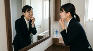 新生活に向け鏡で歯並びを確認するスーツ姿の女性｜仙台市宮城野区しらとり歯科医院