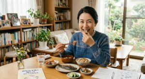 仙台市宮城野区のしらとり歯科医院が提案する、認知症予防と噛む力の関係。バランスの良い食事を笑顔で楽しむ女性と、脳を守る食習慣の資料。インプラントや入れ歯で20本の歯を保ち、健康寿命を延ばすイメージ。