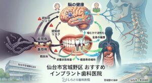 仙台市宮城野区のしらとり歯科医院による、インプラントや入れ歯で噛む力を回復し、認知症や糖尿病を予防する仕組みを解説したイラスト。脳の健康、全身の健康、栄養状態の改善と健康寿命の維持について図解しています。