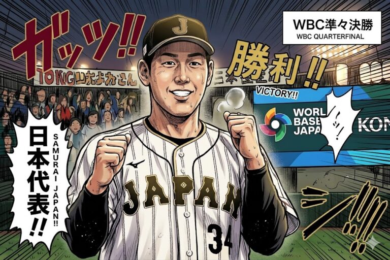 仙台市宮城野区でインプラントや噛み合わせを相談できるおすすめ歯科医院。WBC日本代表選手の笑顔とパフォーマンスを支える歯科治療の重要性を描いた漫画風イラスト。