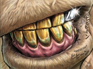 仙台市宮城野区の歯科医院ブログ用イラスト。黄金色の入れ歯で力強く噛み、輝く歯と「ヒヒーン」という鳴き声で元気を取り戻したロバの姿。インプラントや入れ歯による噛む力の回復がもたらす活力と、しらとり歯科医院のおすすめ治療を伝えるイメージ。