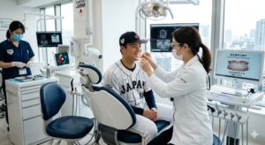 仙台市宮城野区で歯科矯正やインプラント、噛み合わせ相談ができるおすすめの歯科医院。WBC日本代表選手をモデルにした、スポーツパフォーマンス向上のための歯科検診・矯正治療のイメージ。