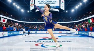 2026年ミラノ・コルティナ冬季パラリンピック会場で滑走する日本人女性フィギュアスケーター。