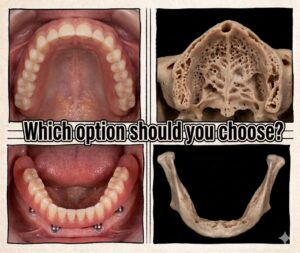 上顎と下顎のインプラント（All-on-4）および入れ歯による治療と、歯を失った後の顎の骨の構造的な違い（廃用性萎縮）を比較した図。仙台市宮城野区しらとり歯科医院提供。