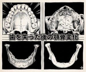 歯を失った後の上顎・下顎の顎骨変化（廃用性萎縮）を比較したイラスト。仙台市宮城野区でインプラントや入れ歯を検討中の方への解説図。