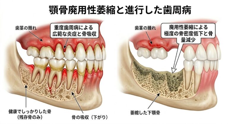歯周病による骨吸収と、歯を失った後の顎骨廃用性萎縮の比較図。仙台市宮城野区の歯科医院が解説するインプラント治療で骨を守る重要性のイメージ。