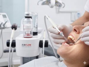 仙台市宮城野区の歯科医院で行われる、インプラント治療後にもおすすめなEMS社製エアフロー（AIRFLOW Prophylaxis Master）による歯に優しいクリーニングの様子。グローブをした歯科医師の手元。