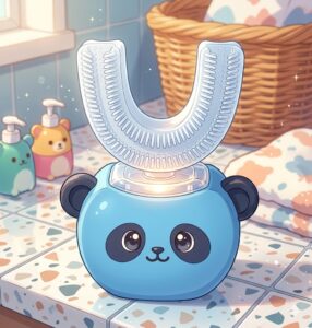 仙台市宮城野区のしらとり歯科医院のブログ用イメージ。子ども向けの可愛い青いパンダのデザインをした、最新のU字型マウスピース電動歯ブラシ(Y-Brushをイメージしたもの)が洗面台に置かれている様子。