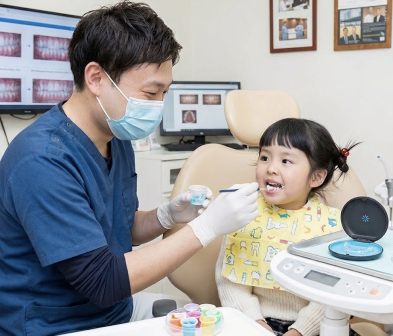 仙台市宮城野区の歯科医師による子供の口腔内チェック。マウスピース矯正やフッ素予防のシミュレーション画面を背景にした丁寧な診察。