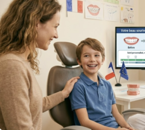 フランスの歯科医院で早期の小児矯正治療を受け、笑顔を見せる子どもと母親の様子。仙台市宮城野区で子どもの歯並び相談ができるおすすめの歯科医院が解説するイメージ画像