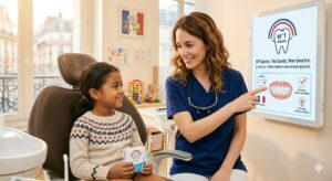 フランスの予防歯科プログラム「M'T dents」の案内画面を見ながら歯科健診を受ける子どもと、仙台市宮城野区で小児歯科・矯正治療を推進するおすすめの歯科医院が解説するイメージ画像