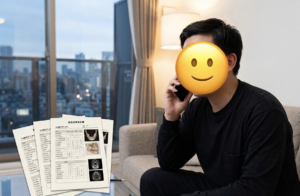 他の歯科医院から受け取った検査結果報告書（CTやレントゲン画像入り）を机に置き、東京の自宅から電話でインプラントや歯の保存について相談する男性（顔にスタンプ）。仙台市宮城野区のしらとり歯科医院へセカンドオピニオンを求める葛藤のイメージ。