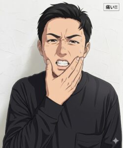  激しい歯の痛みで顔をしかめ、頬に手を当てて悩む男性のイラスト。東京から仙台市宮城野区のしらとり歯科医院へインプラント相談に訪れるきっかけとなった、歯の保存が難しい深刻な症状のイメージ。