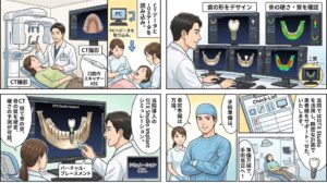 仙台市宮城野区でインプラントの名医が実践する精密3D診断の流れ。CT撮影や口腔内スキャナーのデータをPCに取り込み、シミュレーションソフト「DTX Studio Implant」で歯のデザインや骨質・骨の硬さを確認する手順の解説イラスト。
