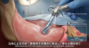 インプラント手術でドリリング時に注水冷却を行い骨の火傷・骨やけどを防止する仕組み(仙台市宮城野区 しらとり歯科医院)