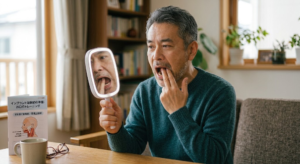 仙台市宮城野区のしらとり歯科医院が解説するインプラント術前セルフチェック。鏡を見ながら右手で指3本（約50〜60mm）が入るか開口量を確認する50代男性。