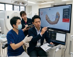 仙台市宮城野区のおすすめ歯科医院「しらとり歯科医院」にて、専門医とスタッフがAI診断ソフト（DTX Studio）の3D口腔内データを見ながらインプラント治療計画を検討する様子
