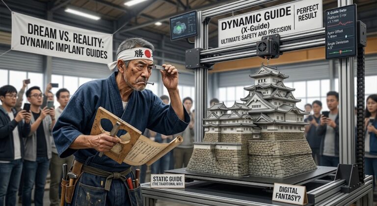 仙台市宮城野区のしらとり歯科医院による、インプラントの動的ガイド(X-Guide)と伝統的なサージカルガイドの精度を風刺した画像。宮大工の棟梁(静的ガイドの象徴)が、3Dプリンターで出力された精巧なお城の模型(動的ガイドの象徴)を厳しい目で見つめている。3Dプリンターには「DYNAMIC GUIDE」の文字と、現実の臨床データに基づいたプラットフォームやアペックスの誤差を示すグラフが表示されており、最新技術への幻想と現実のギャップ、そして専門医による診断の重要性を表現している。